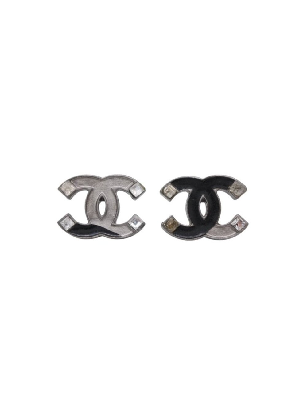 Chanel CC Logo Earrings 05 Metal Enamel Rhinestone Silver